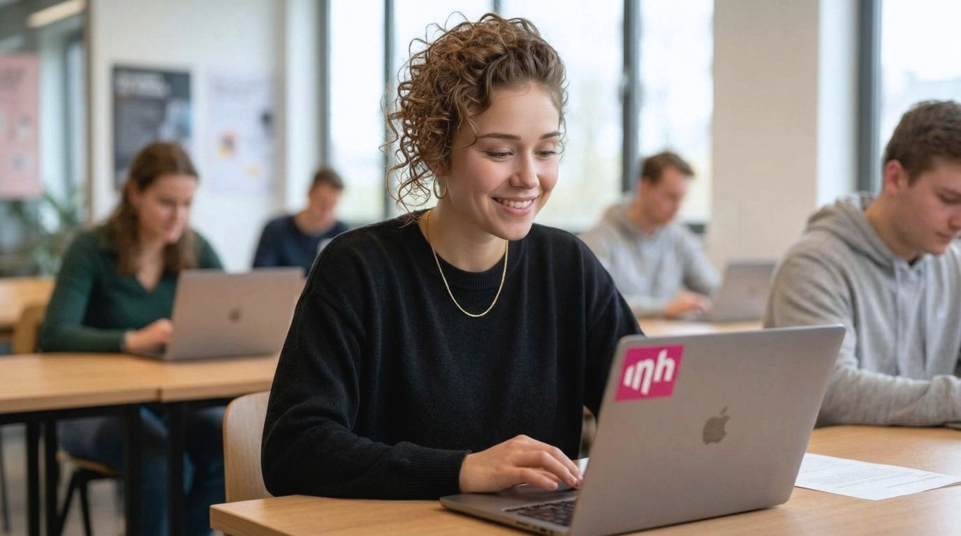 Indy achter haar laptop tussen andere studenten