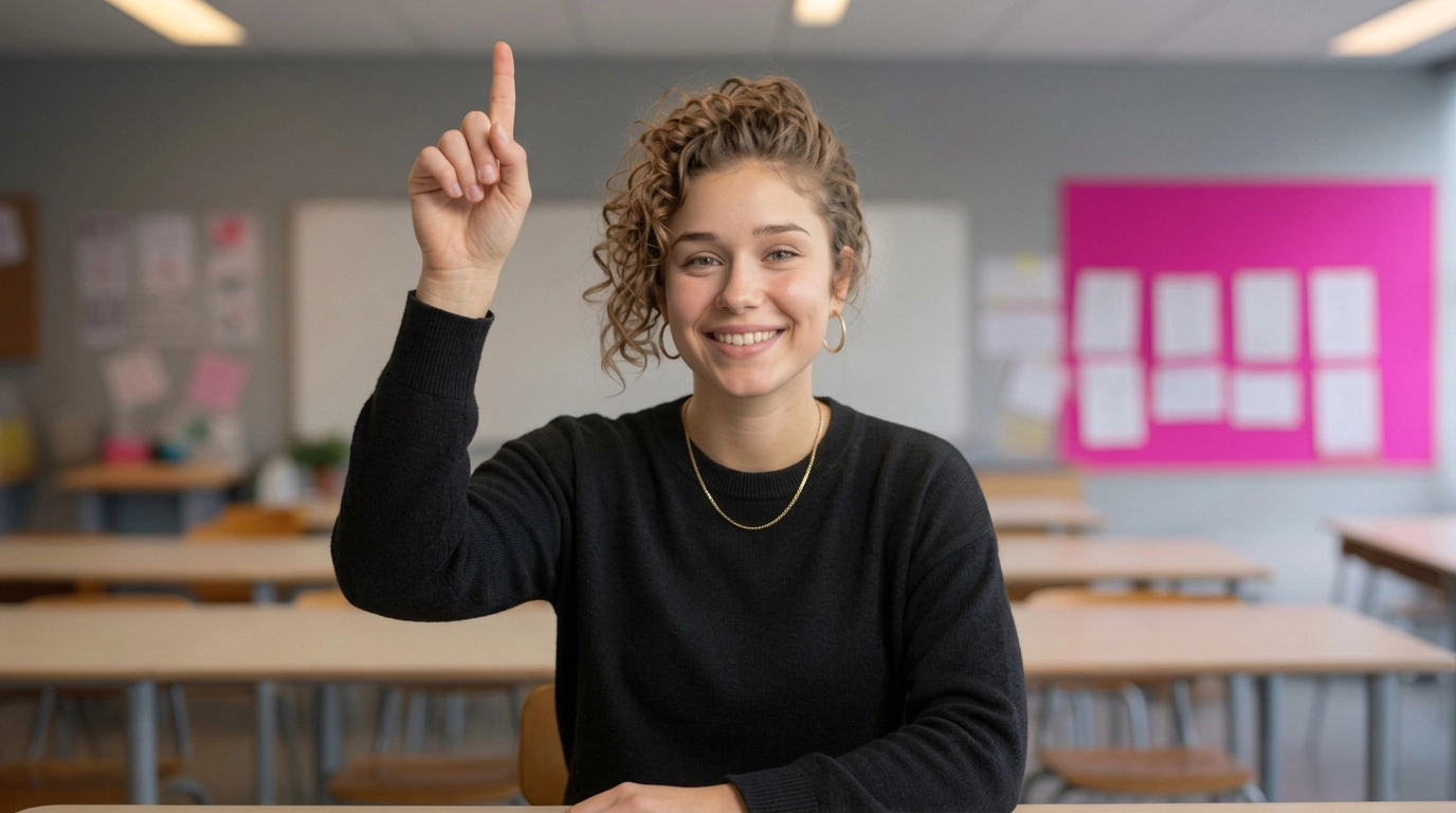 Indy steekt haar vinger op in de klas